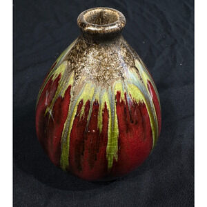 Small Art Pottery Vase Red Green Crackle Glaze 4.25” Decorative Bud Vase Made in